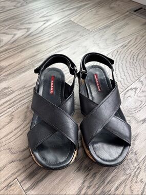 Prada Black Crisscross Leather cork Platform Slingback Sandals - Women's